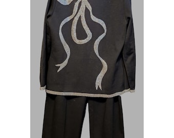Vintage wollen trui outfit zilveren pailletten bling strik broek top dames groot zwart
