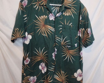 Camisa hawaiana vintage Hawaii Blues, abotonada, verde con flores marrones, talla grande.