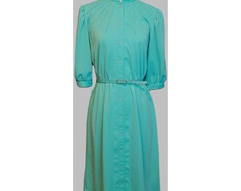 Vintage polyester hemdjurk Leslie Fay Petites lichtgroen met knopen en ceintuur