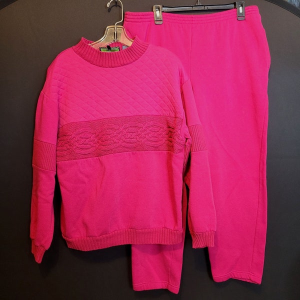 Vintage Sweat Suit Sweat Pants and Sweatshirt Pullover Bright Pink Quilted W Med