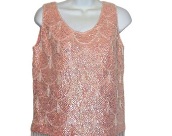 MCM Beaded Sequin Tank Top 50s 60s Pink Zip Back Hong Kong Vintage Medium