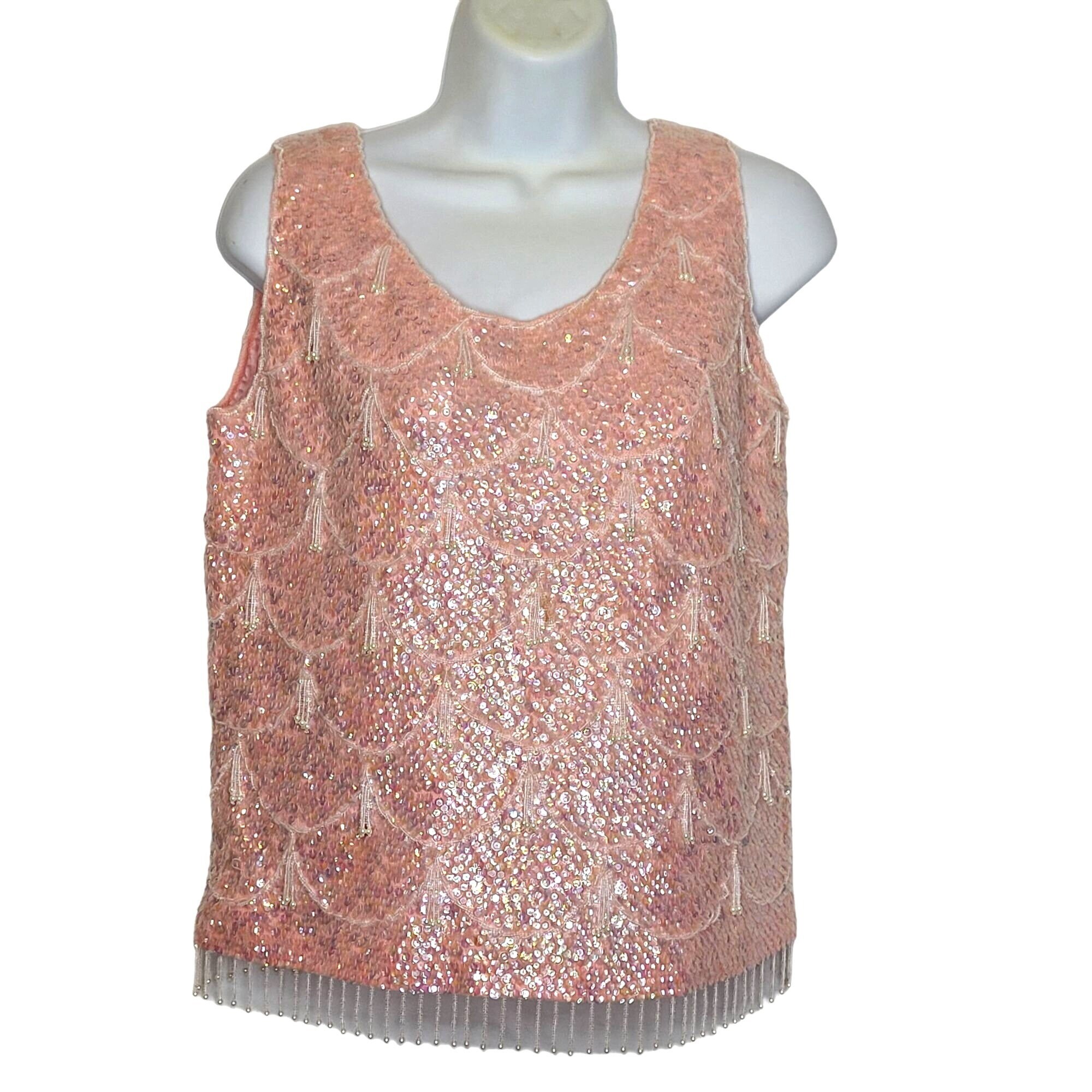MCM Beaded Sequin Tank Top 50s 60s Pink Zip Back Hong Kong