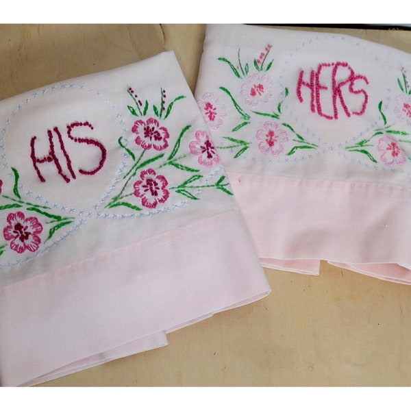 Vintage His Hers Pillowcases Hand Embroidered Pink Woolco Standard Sz Set of 2