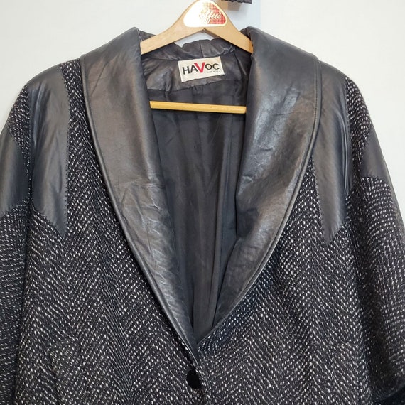 Vintage Tweed Leather Coat Jacket Havoc USA Womens Medium Pockets