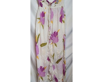 Vintage Boho Floral Strapless Maxi Dress Tie Neck Shirred Top Stretches Patti Cappalli California