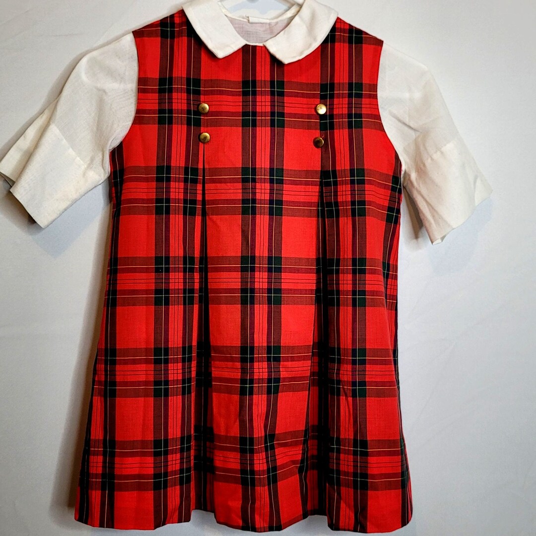 MCM Sears Red Plaid Jumper White Shirt Girls Size 6 Gold Button Accent