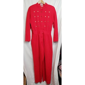 Vintage I Magnin Kollection Red Jumpsuit Pant Suit One Piece Gold Buttons Shoulder Pads