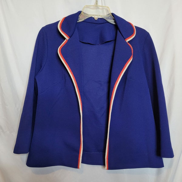 Vintage Polyester Jacket 1970s Retro Dark Blue Red White Trim Size 16