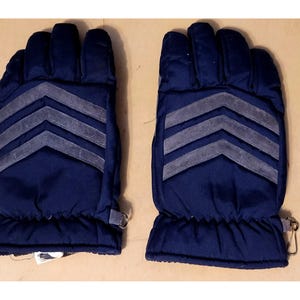 Puede incluir: Un par de guantes de invierno azul marino con acentos grises en forma de chevron. Los guantes tienen un diseño acolchado y un cordón de ajuste en la muñeca.