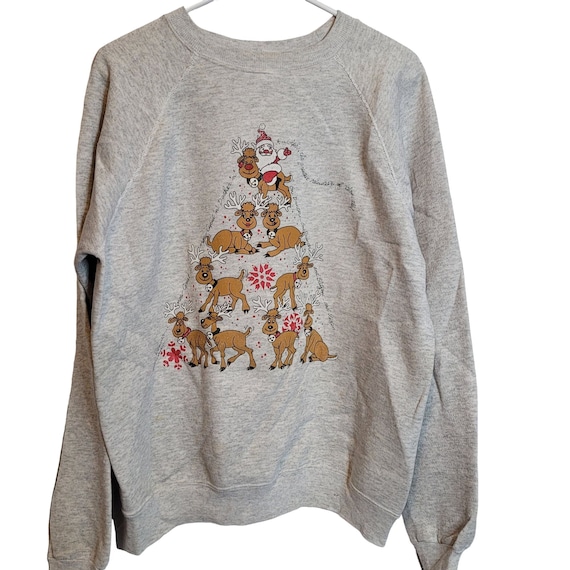 Vintage Christmas Sweatshirt Santa Reindeer Hanes… - image 1