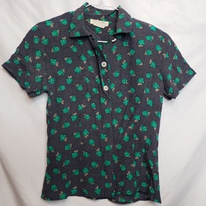 Vintage Jones New York Blouse Green Floral Petite Rockabilly Button Up Size 2