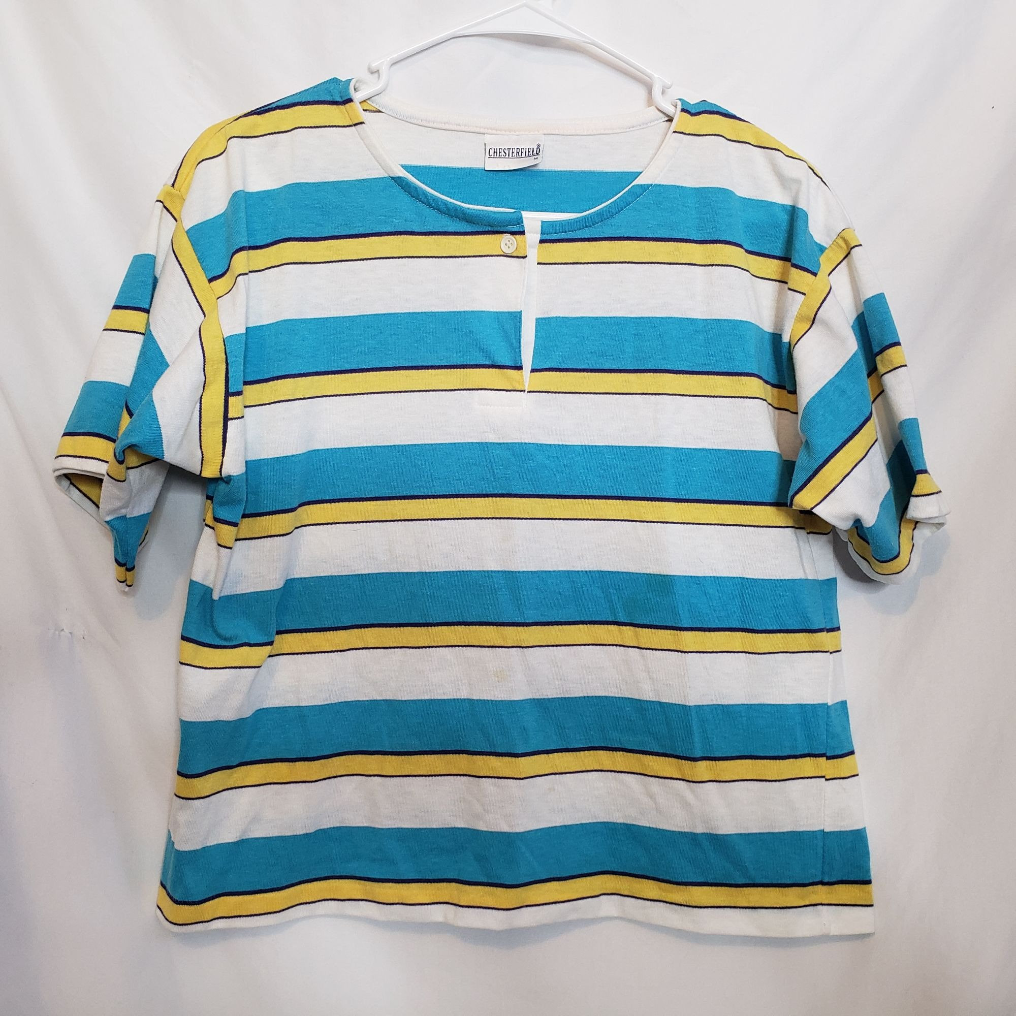 Vintage Cropped Striped Shirt Blue Yellow Chesterfield 80s Retro
