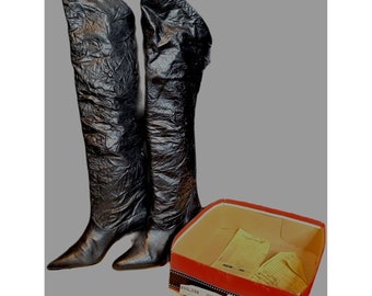 Vintage Knee High Boots Corset Lace Up Black Leather Video Women 7.5 Orig Box