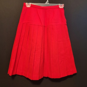 May include: A red pleated skirt with a high waist and a flared hem.
