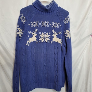 Vintage Deer Snowflake Sweater Turtleneck Pullover Size Large Turtleneck Blue