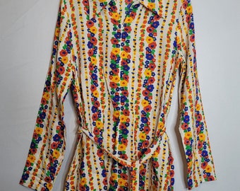 Vintage Blouse Tie Waist Quarter Zip Bright Mod Floral Polyester Handmade No Tag