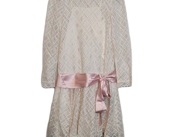 Vintage Lace Overlay Dress Drop Waist Girls Size 14 White Pink Handkerchief Hem