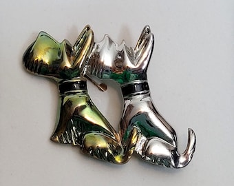 Vintage Scottie Dog Brooch Pin Metal Costume Jewelry Silver Greenish Gold Color