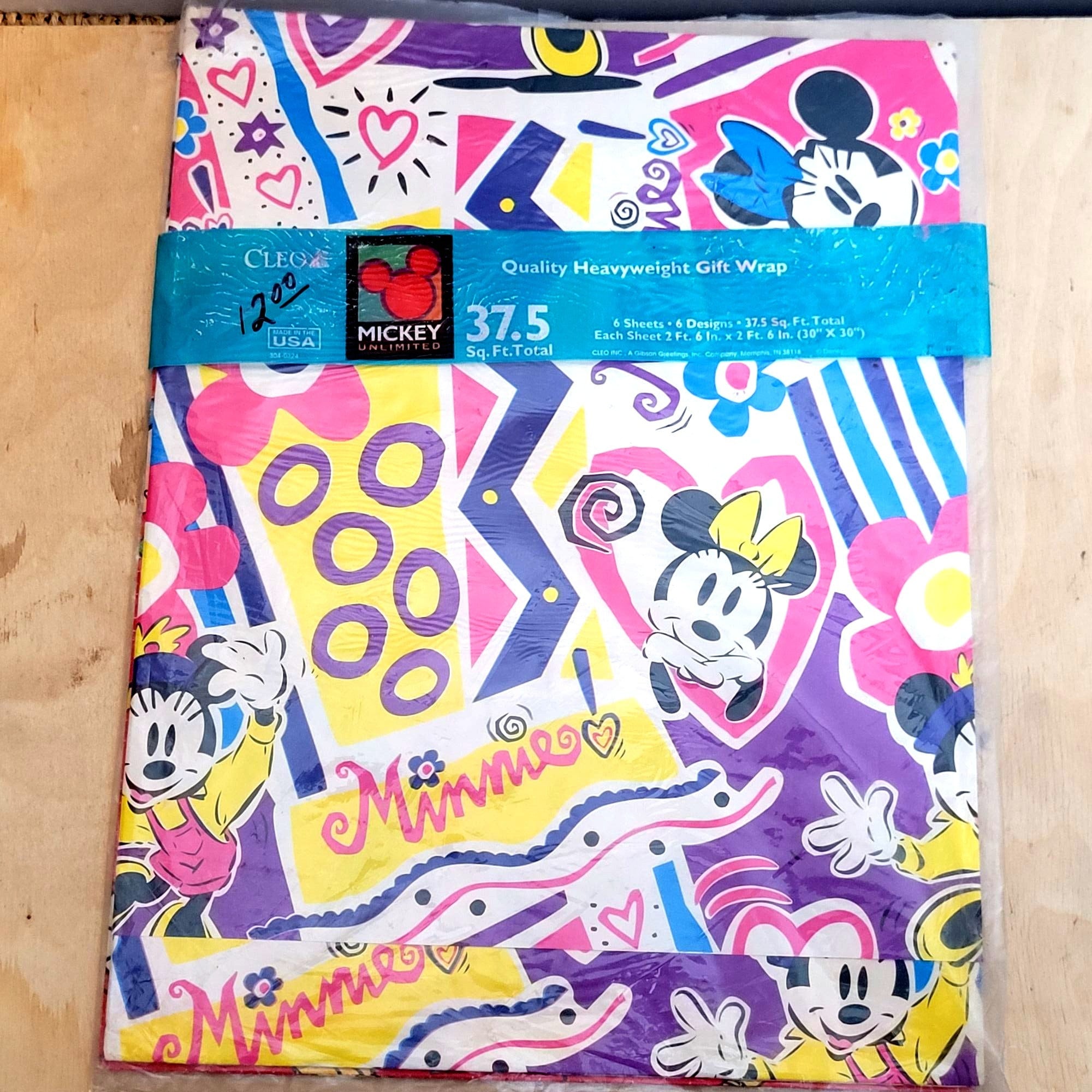 Vintage Wrapping Paper Cleo Mickey Mouse Open Package 4 Sheets Bright ...
