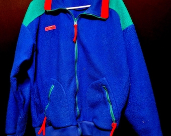 Chaqueta polar Columbia vintage con mangas radiales, fabricada en EE. UU., colores primarios, talla grande