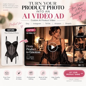 Produktvideoannons från dina foton | Anpassad AI-reklamvideo för småföretag | Kommersiell videoannons för webbutik