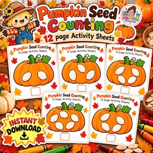 Könnte beinhalten: Ein Set aus 12 Pumpkin Seed Counting Arbeitsblättern mit orangefarbenen Kürbissen, weißen Kernen, grünen Stielen und Herbstblättern. Jede Seite enthält den Text Pumpkin Seed Counting 12 page Activity Sheets.
