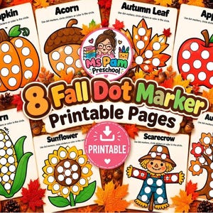 8 Fall Dot Marker Worksheets | Pumpkin, Apple, Sunflower Fine Motor Printables (PDF)