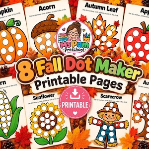 Puede incluir: Ocho páginas imprimibles de puntos con temática otoñal que incluyen ilustraciones de calabaza, bellota, hoja, manzana, maíz, girasol, espantapájaros y árbol. Cada página incluye círculos y el texto Ms Pam Preschool.