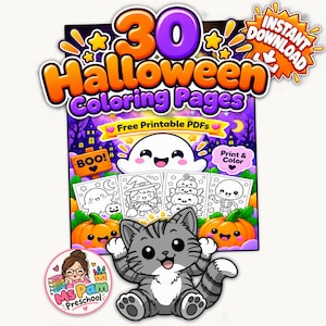 May include: A digital collection of 30 Halloween coloring pages featuring a ghost, pumpkins, and a cat. The text reads 30 Halloween Coloring Pages, Free Printable PDFs, Print & Color, BOO!, and Ms Pam Preschool with a cartoon cat.
