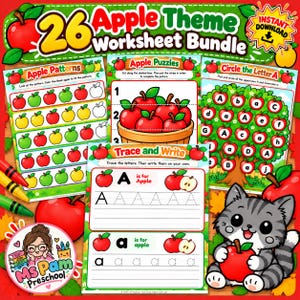 Op de afbeelding: Een educatief werkbladpakket van 26 pagina's met een appelthema, inclusief patroonreeksen, het overtrekken van letters en letterherkenning, geïllustreerd met rode en gele appels en een grijze cyperse kat met een appel.
