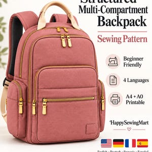 Backpack Sewing Pattern PDF, Multi Pocket Backpack Pattern, A4 A0 Printable Bag Pattern, Beginner Sewing Guide