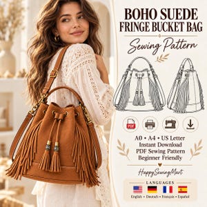 Puede incluir: Un bolso tipo cubo de ante marrón con flecos largos, cierre de cordón con borlas y una correa ajustable. La imagen incluye el texto: BOHO SUEDE FRINGE BUCKET BAG Sewing Pattern, A0, A4, US Letter, Instant Download, HappySewingMart.