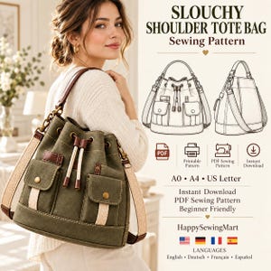 Puede incluir: Un patrón de costura digital para un bolso de hombro holgado, con un diseño tipo cubo con cierre de cordón, dos bolsillos delanteros y una correa. La imagen incluye dibujos técnicos, iconos PDF y el texto: SLOUCHY SHOULDER TOTE BAG Sewing Pattern, A0, A4, US Letter, Instant Download y HappySewingMart.