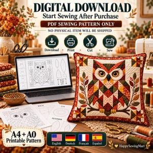 May include: A digital PDF sewing pattern for a square quilt pillow featuring a geometric owl design in autumn colors. The pattern includes printable A4 and A0 templates, instructions for download, print, cut, and sew, and a visual guide on a laptop.