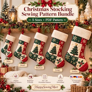 May include: A Christmas stocking sewing pattern bundle featuring five sizes from mini to jumbo. The digital PDF pattern includes instructions for quilted stockings with green, red, and cream panels, embroidered trees, and white cuffs.