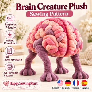 Può includere: Un cartamodello per un peluche a forma di creatura cervello, con una parte superiore testurizzata in sfumature di rosa e viola e quattro zampe viola scuro. L'immagine include il testo: Brain Creature Plush Sewing Pattern, Beginner Friendly, Instant Download.