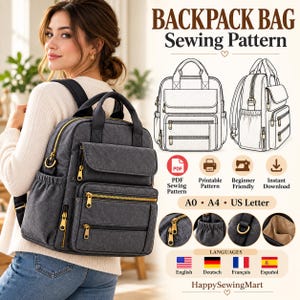 May include: A charcoal grey backpack with gold-tone zips, featuring a top handle, adjustable straps, and multiple exterior pockets. The image includes text reading BACKPACK BAG Sewing Pattern, PDF, Printable Pattern, and A0, A4, US Letter.