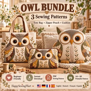 以下が含まれることがあります： OWL BUNDLE 3 Sewing Patternsというタイトルの裁縫パターンセットで、トートバッグ、ファスナーポーチ、クッションが含まれています。各アイテムには、茶色、ベージュ、緑の色調の布製フクロウのデザインが施されています。画像には、beginner friendly、instant download、PDF sewing pattern、A4 + A0 printable patternのテキストが含まれています。