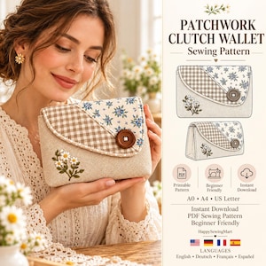 Könnte beinhalten: Ein Patchwork-Clutch-Geldbörsen-Schnittmuster mit beigem Stoffuntergrund, gestickten weißen Gänseblümchen, einer braun-weiß karierten Klappe und einem großen braunen Knopf. Der Text lautet PATCHWORK CLUTCH WALLET Sewing Pattern, PDF, Beginner Friendly.