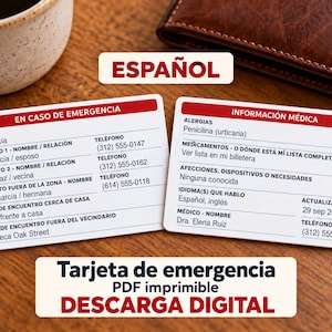 Puede incluir: Dos tarjetas de emergencia rectangulares blancas con encabezados rojos. La tarjeta izquierda enumera contactos de emergencia, nombres y teléfonos. La tarjeta derecha muestra información médica, alergias, medicamentos y datos del médico en español.