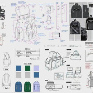Peut inclure: Une fiche de conception technique pour sacs et sacs à dos présentant de multiples dessins au trait, des projections orthogonales et des lignes de cote en centimètres. Le document inclut des schémas détaillés pour divers styles de sacs.