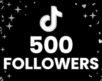 Könnte beinhalten: Eine schwarze Grafik mit dem weißen TikTok-Logo, zentriert über dem fetten weißen Text 500 FOLLOWERS. Das Design ist umgeben von weißem Konfetti, kleinen Sternen und Herzformen, die auf dem dunklen Hintergrund verstreut sind.