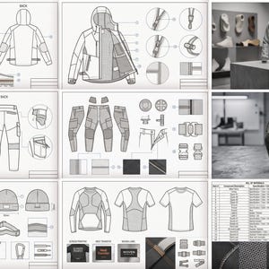 May include: A technical design specification sheet for apparel including a hooded jacket, cargo pants, a waist bag, a beanie, and a t-shirt. The document features detailed line drawings, component breakdowns, material lists, and rendered product images.