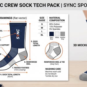 May include: A navy blue athletic crew sock tech pack featuring a 3D mockup and technical drawings. The design includes a white SYNC logo, reinforced gray heel and toe, mesh ventilation zone, arch support, and a padded footbed with 42cm total length.