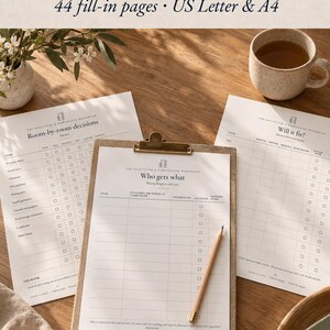 May include: A set of decluttering and downsizing workbook pages featuring tables titled Room-by-room decisions, Who gets what, and Will it fit. The pages are printed on white paper, with one sheet held by a brass clipboard and a wooden pencil.