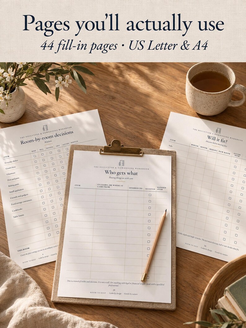 May include: A set of decluttering and downsizing workbook pages featuring tables titled Room-by-room decisions, Who gets what, and Will it fit. The pages are printed on white paper, with one sheet held by a brass clipboard and a wooden pencil.