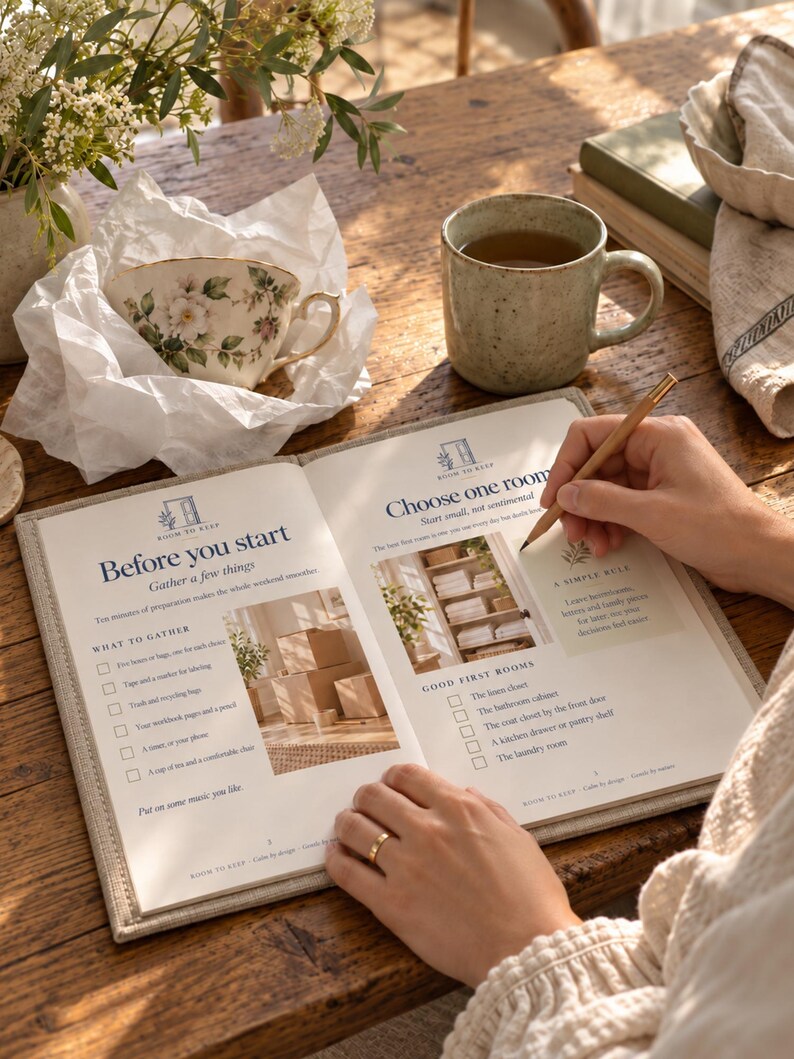 May include: An open workbook titled Room to Keep with printed text and images on pages. The left page is headed Before you start and the right page is headed Choose one room. A wooden pencil is held over the right page. The book has a light beige fabric cover.