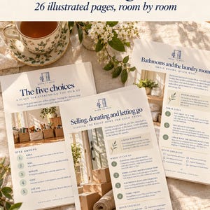 May include: A printed guide titled Inside the guide with 26 illustrated pages, room by room. The pages feature text, headings like The five choices and Selling, donating and letting go, and images of home organization, checklists, and advice.