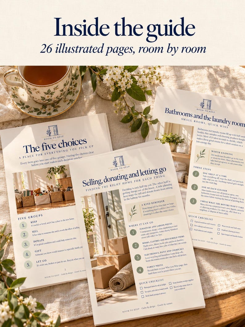 May include: A printed guide titled Inside the guide with 26 illustrated pages, room by room. The pages feature text, headings like The five choices and Selling, donating and letting go, and images of home organization, checklists, and advice.