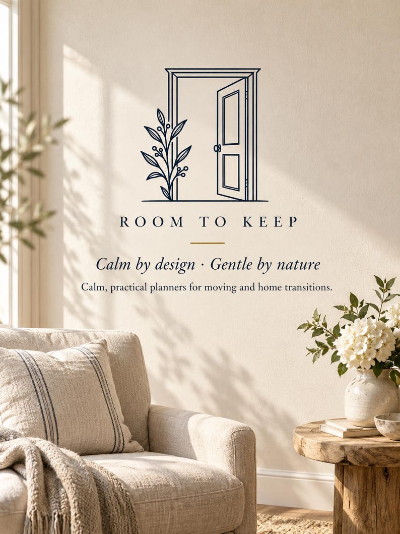 May include: A wall graphic featuring a dark blue line art illustration of an open door with a leafy branch, accompanied by the text ROOM TO KEEP, Calm by design &middot; Gentle by nature, and Calm, practical planners for moving and home transitions.